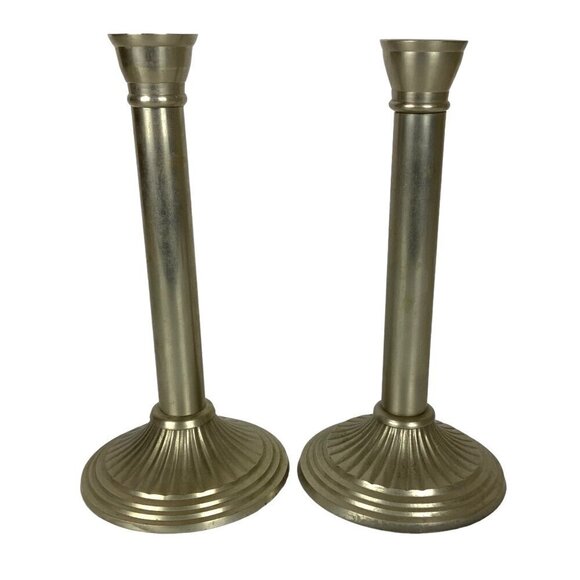 Vintage Hosley Pewter Candle Holders Pair 8.5 inch Traditional Table Shelf Decor - Picture 1 of 5